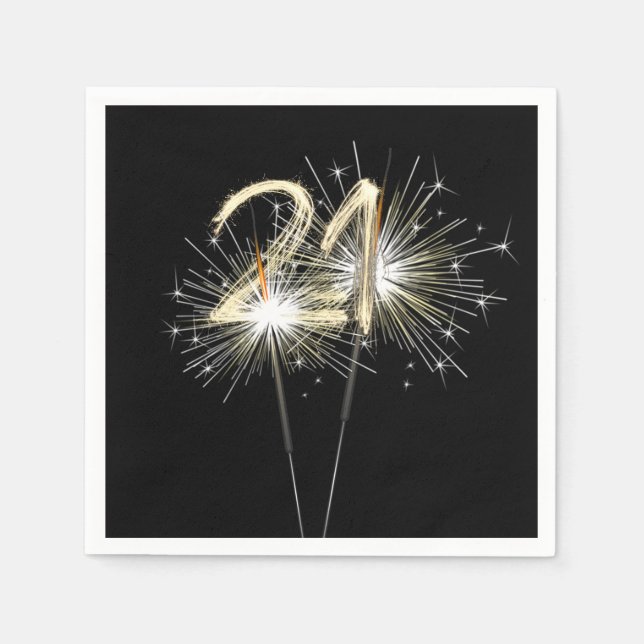 Serviette En Papier 21e fête d'anniversaire Sparklers sur Noir (Devant)