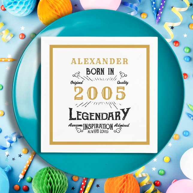 Serviette En Papier 21st Birthday Born 2005 White Gold Legend (Born 2005 Napkin on a blue plate.)