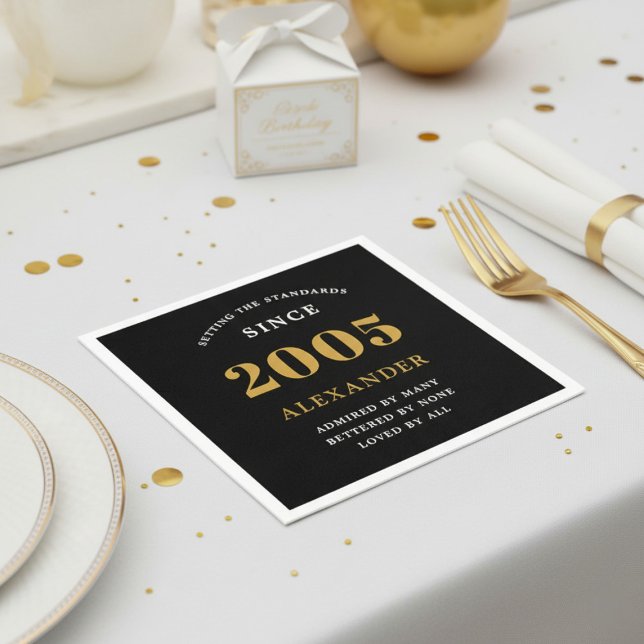 Serviette En Papier 21st Birthday Name 2005 Black Gold Elegant Chic (2005 Paper napkin. White background.)