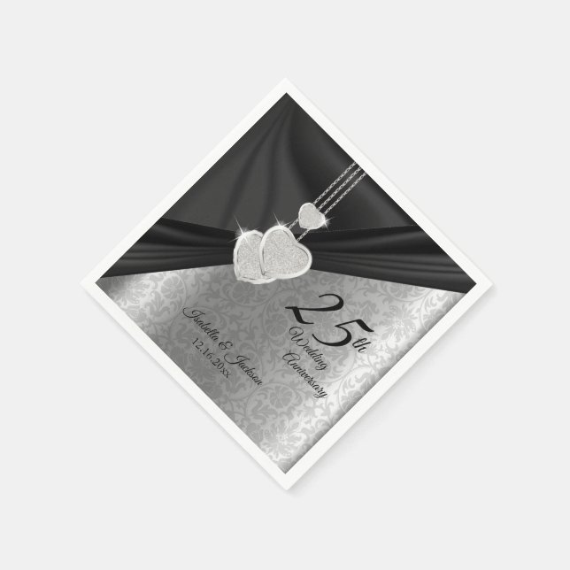 Serviette En Papier 25e anniversaire d'argent et de Mariage noir (Coin)