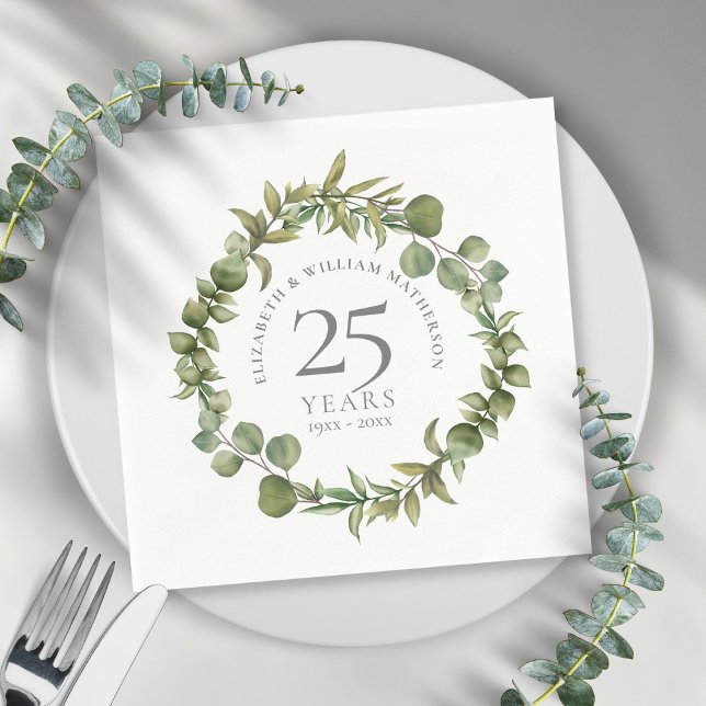 Serviette En Papier 25e Anniversaire de Mariage en Argent Greenery Flo (Créateur téléchargé)