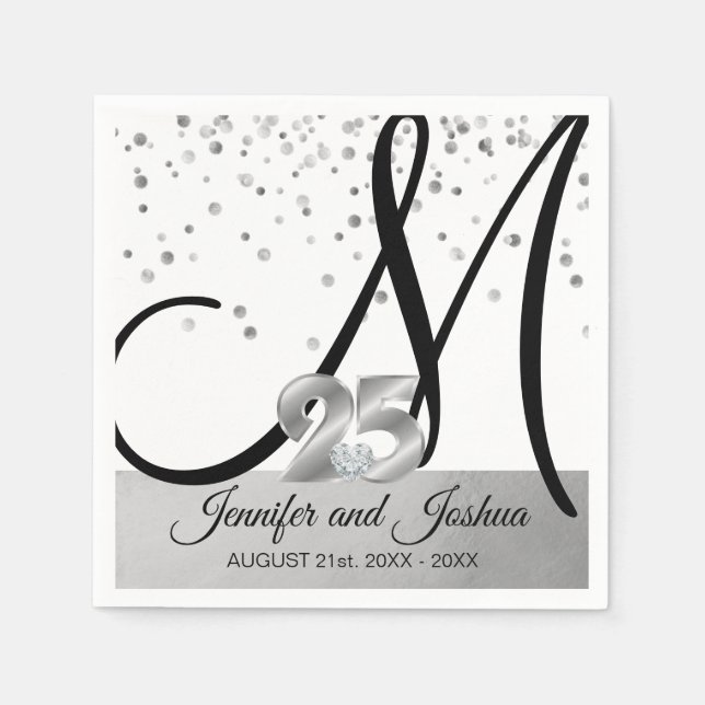 Serviette En Papier 25e anniversaire de Mariage Monogrammed Silver (Devant)