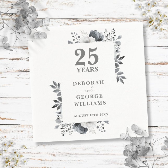 Serviette En Papier 25e anniversaire Mariage classique de la florale d (Classic Silver Floral 25th Wedding Anniversary Napkins)