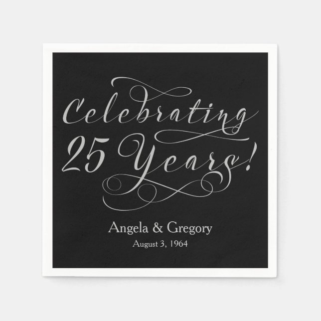 Serviette En Papier 25e anniversaire Mariage personnalisé Argent noir (Devant)