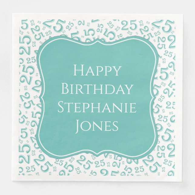 Serviette En Papier 25e anniversaire Turquoise/blanc Motif numéro de s (Devant)