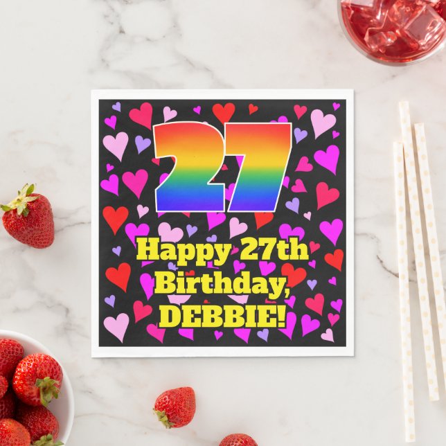 Serviette En Papier 27e anniversaire : Amour Hearts Motif, Arc-en-ciel (En situation)