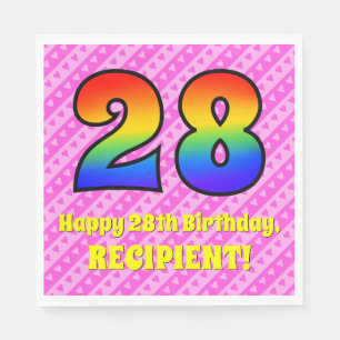 Serviette En Papier 28th Birthday: Pink Stripes & Hearts, Rainbow # 28