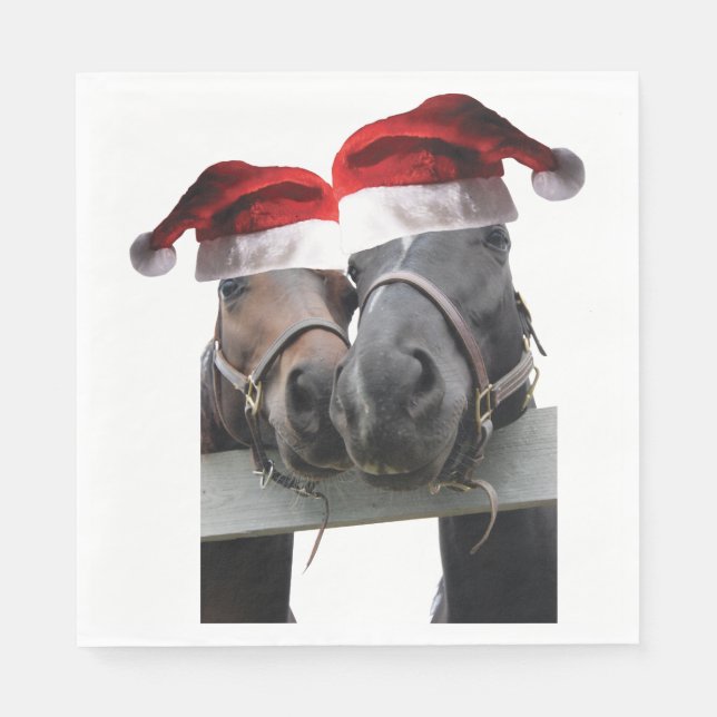 Serviette En Papier 2 chevaux en Casquettes du Père Noël pour noël (Devant)