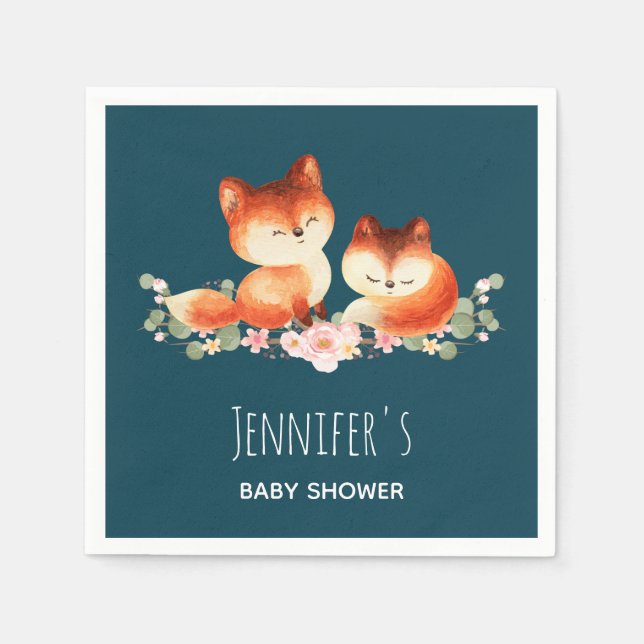 Serviette En Papier 2 mignons petits renards rouges Baby shower d'aqua (Devant)