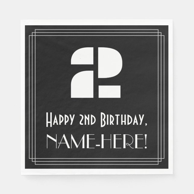 Serviette En Papier 2e anniversaire : Art Déco Inspiré Look "2" + Nom (Devant)