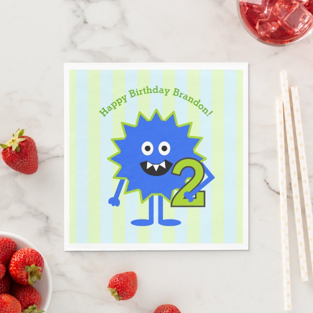 Serviette En Papier 2e anniversaire Boy Monster Blue Green Stripes mig (En situation)