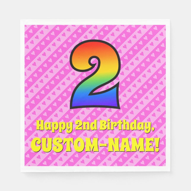Serviette En Papier 2e anniversaire : Pink Stripes & Hearts, Rainbow # (Devant)