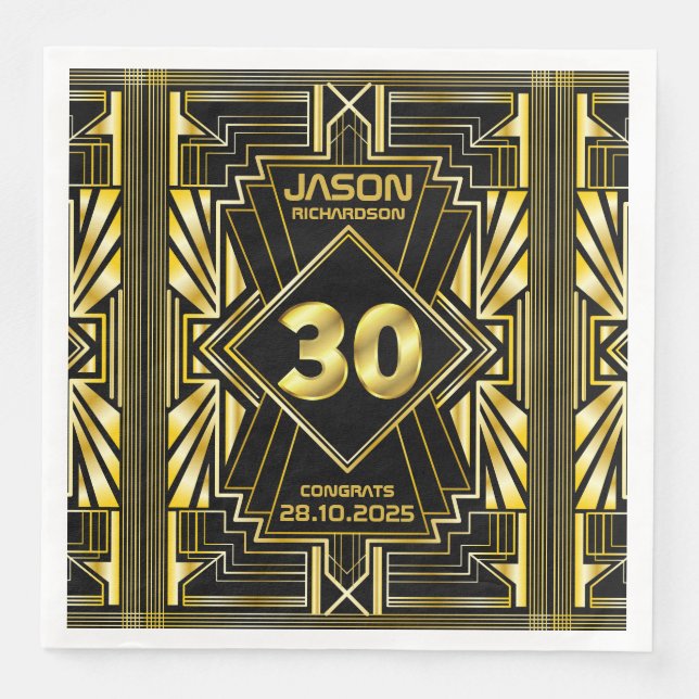 Serviette En Papier 30e anniversaire Art Déco Gold Black Great Gatsby (Devant)