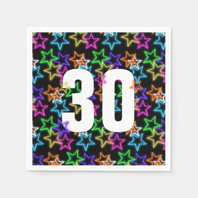 Serviette En Papier 30e Anniversaire Étoiles de Néon sur noir (Devant)