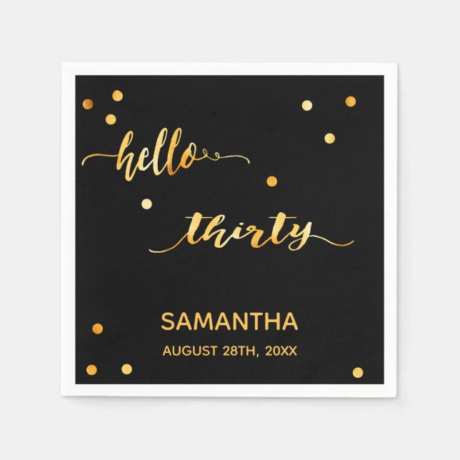 Serviette En Papier 30e anniversaire noir or hello 30 nom script (Devant)