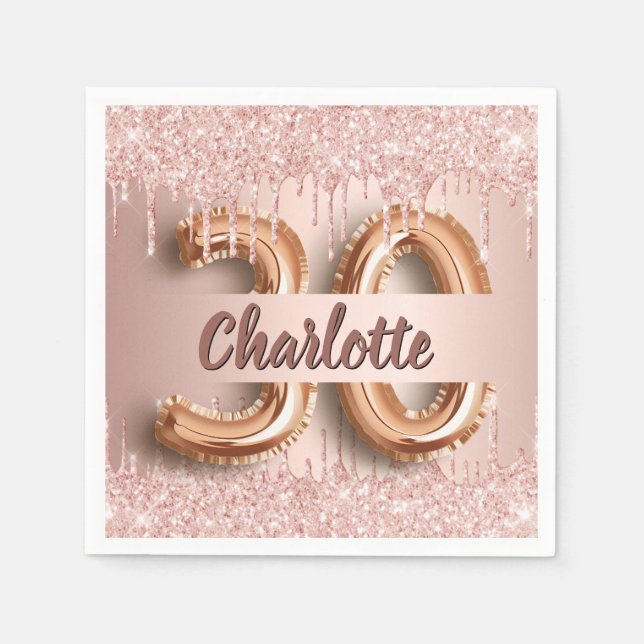 Serviette En Papier 30e anniversaire rose or nom parties scintillant (Devant)