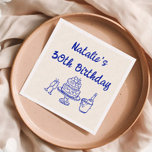 Serviette En Papier 30e Champagne de gâteau à main bleue Retro Anniver