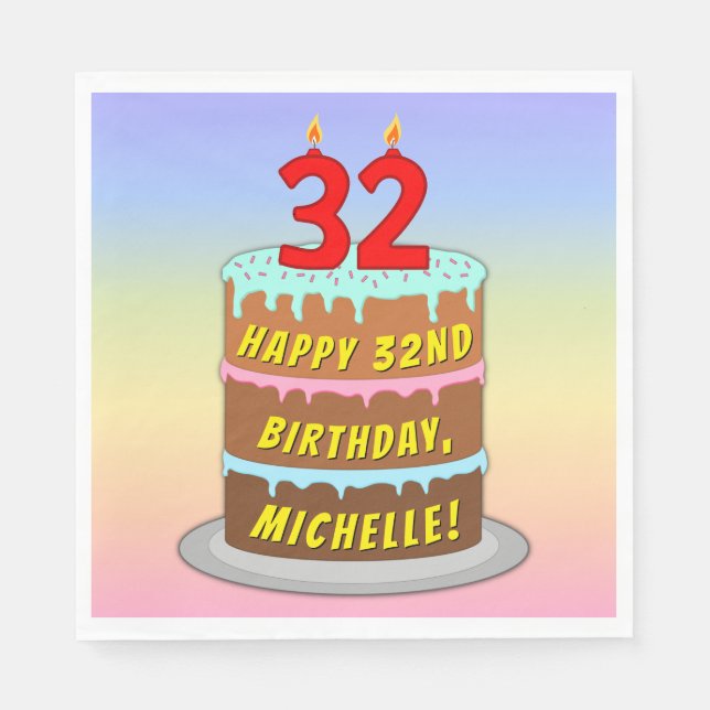Serviette En Papier 32e anniversaire : Fun Cake and Candles + Nom pers (Devant)