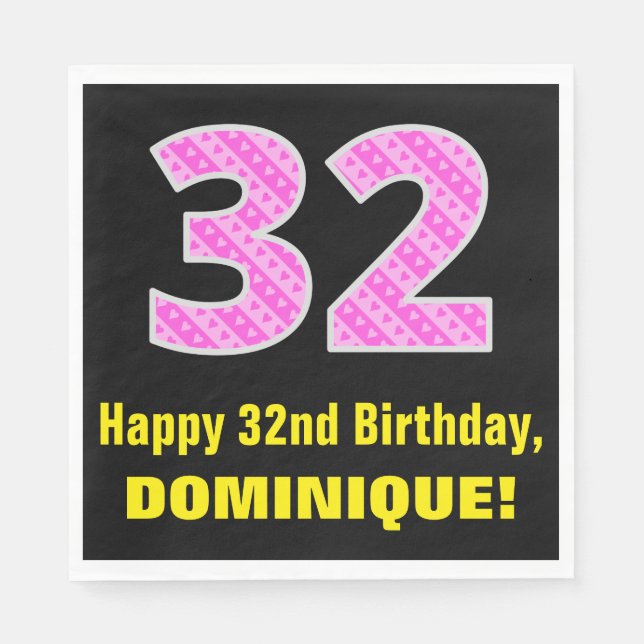 Serviette En Papier 32e anniversaire : Pink Stripes and Hearts "32" +  (Devant)