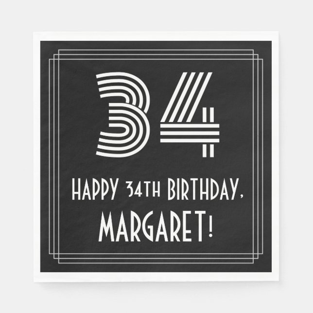 Serviette En Papier 34e anniversaire : Art Déco Inspiré Look "34" + No (Devant)