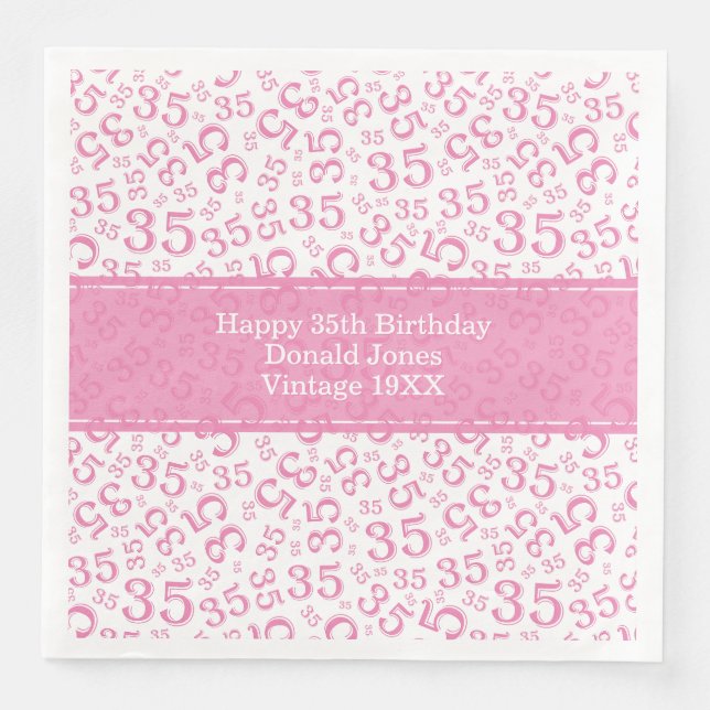 Serviette En Papier 35e anniversaire Numéro d'âge Motif rose/blanc (Devant)