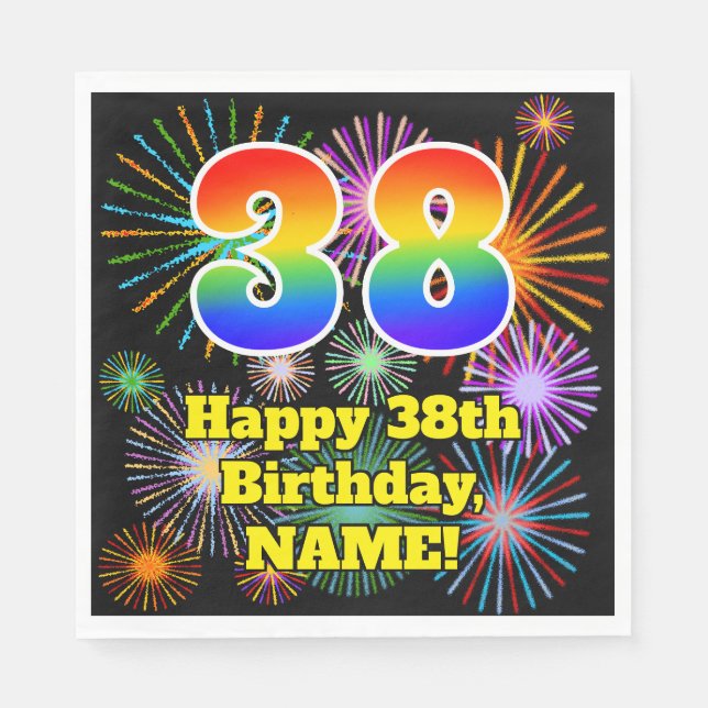 Serviette En Papier 38e anniversaire : Fun Fireworks Motif + Rainbow 3 (Devant)