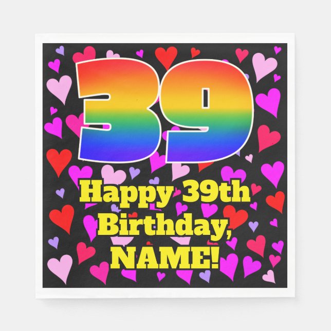 Serviette En Papier 39e anniversaire : Amour Hearts Motif, Arc-en-ciel (Devant)