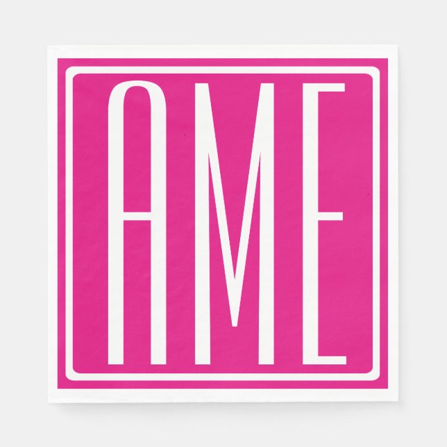 Serviette En Papier 3 Initiales Monogramme | Blanc sur rose chaud (Devant)
