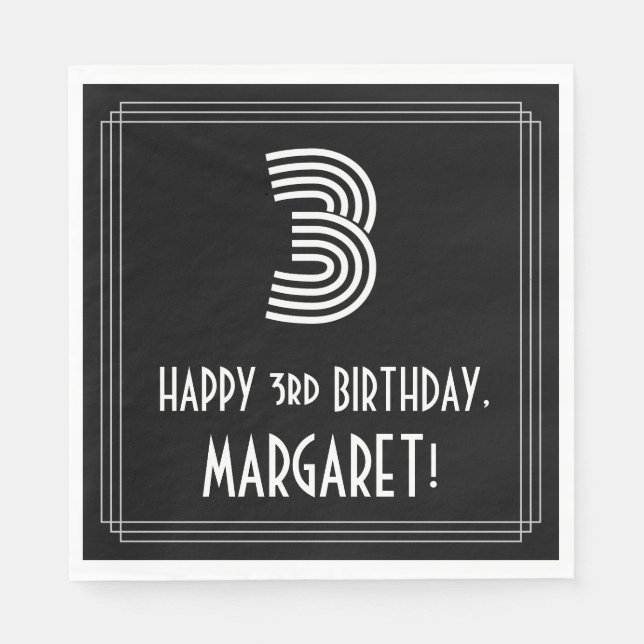 Serviette En Papier 3e anniversaire : Art Déco Inspiré Look "3" + Nom (Devant)