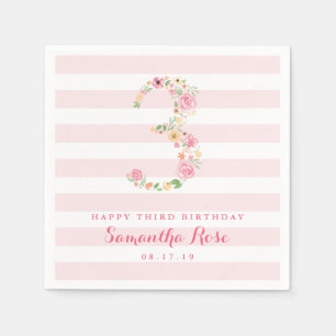 Serviette En Papier 3e anniversaire Pink Stripe & Aquarelle Floral TRO