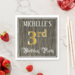 Serviette En Papier 3e fête d'anniversaire — Faux Gold & Faux Wood Loo