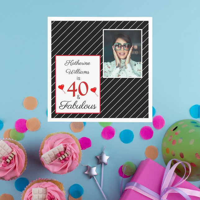 Serviette En Papier 40 & Fabuleux 40e anniversaire Photo papier noir (40 & Fabulous 40th Birthday Photo Black Paper Napkins)
