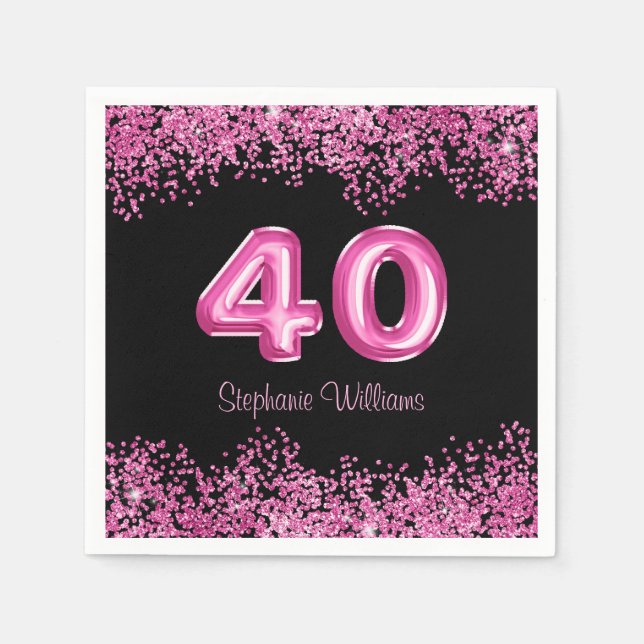Serviette En Papier 40e anniversaire Black Pink Balloons Parties scint (Devant)