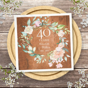 Serviette En Papier 40e anniversaire de mariage aux roses en bois rust