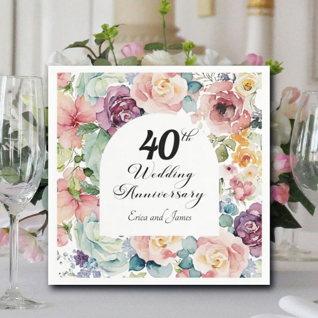 Serviette En Papier 40e anniversaire de Mariage Élégant script floral (Créateur téléchargé)