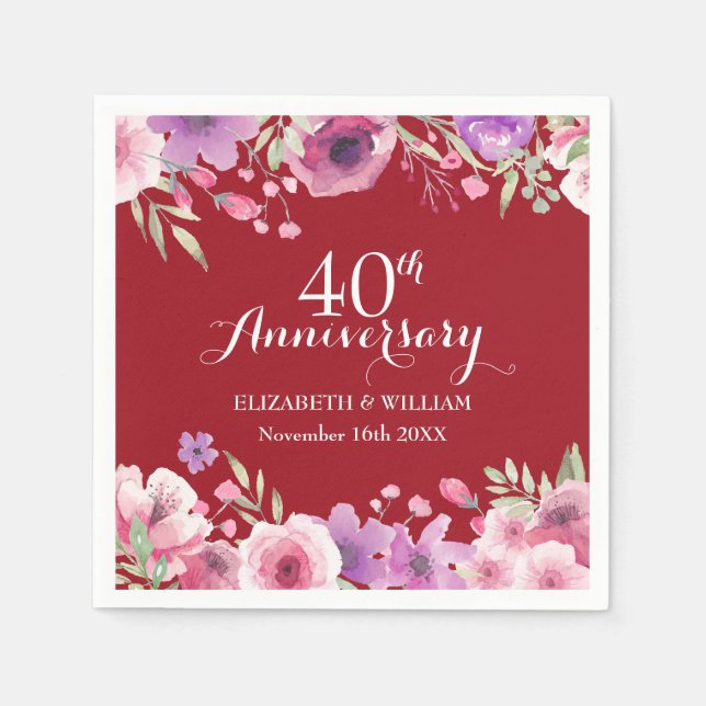 Serviette En Papier 40e anniversaire de Mariage Ruby Country Floral (Devant)