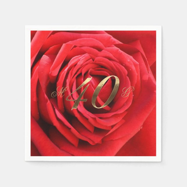 Serviette En Papier 40e anniversaire Mariage Roses rouges Coeur élégan (Devant)
