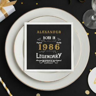 Serviette En Papier 40e anniversaire Né en 1986 Noir Or Rétro Vintage
