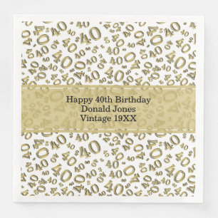 Serviette En Papier 40e anniversaire Numéro d'âge Motif Or/Blanc
