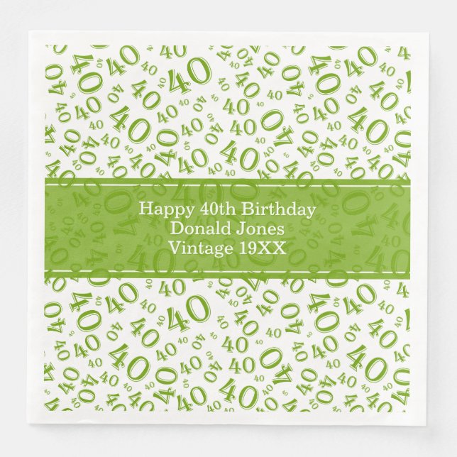 Serviette En Papier 40e anniversaire Numéro d'âge Motif Vert/Blanc (Devant)