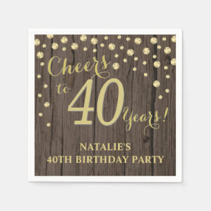 Serviette En Papier 40e fête d'anniversaire Bois rustique et Diamant d