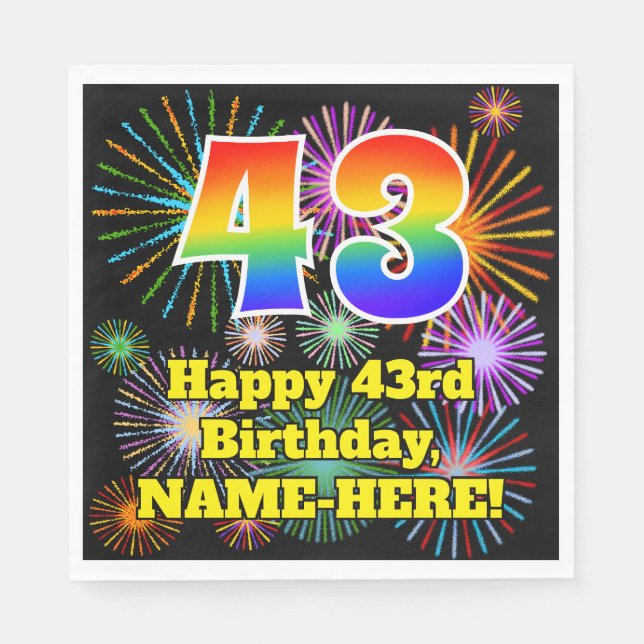 Serviette En Papier 43ème anniversaire : Fun Fireworks Motif + Rainbow (Devant)
