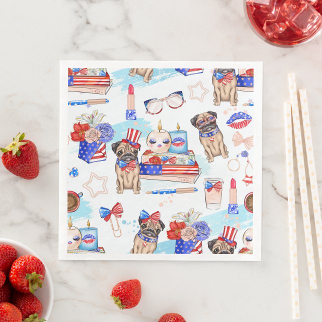 SERVIETTE EN PAPIER 4 JUILLET BLEUS BLANC ROUGE PATRIOTIQUE (En situation)