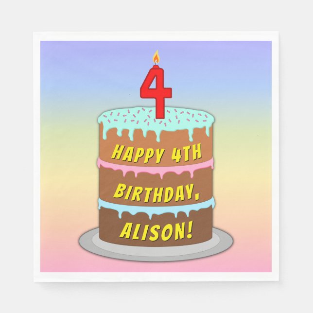 Serviette En Papier 4e anniversaire : Fun Cake and Candle + Nom person (Devant)