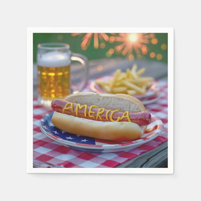 Serviette En Papier 4th of July Hot Dog With Beer and Fries (Devant)