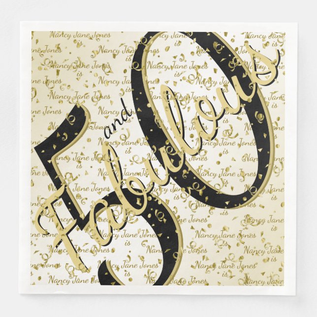 Serviette En Papier 50 et Fabuleux anniversaire noir/Gold Script (Devant)
