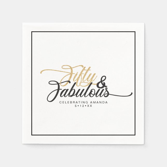 Serviette En Papier 50 et fabuleux fête d'anniversaire Faux Gold et Bl (Devant)