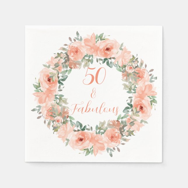 Serviette En Papier 50 et fabuleux Pêche florale Aquarelle Anniversair (Devant)