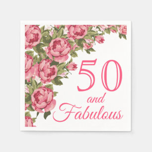 Serviette En Papier 50 et fabuleux rose floral   50e fête d'anniversai