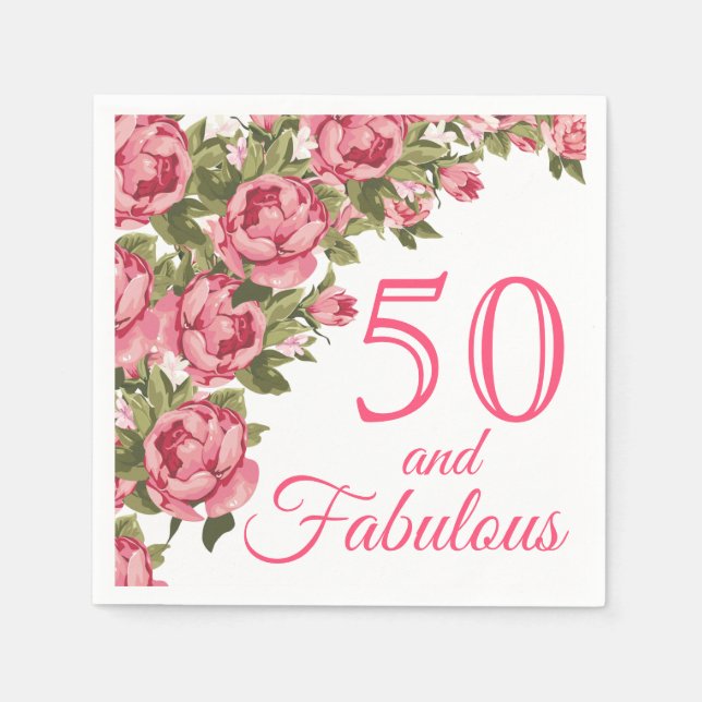 Serviette En Papier 50 et fabuleux rose floral | 50e fête d'anniversai (Devant)